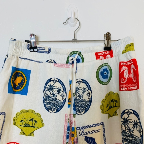 Rachel Zoe Palazzo Pants Linen Blend Pacific Stamps Size M White Beachy Tropical - Picture 2 of 16